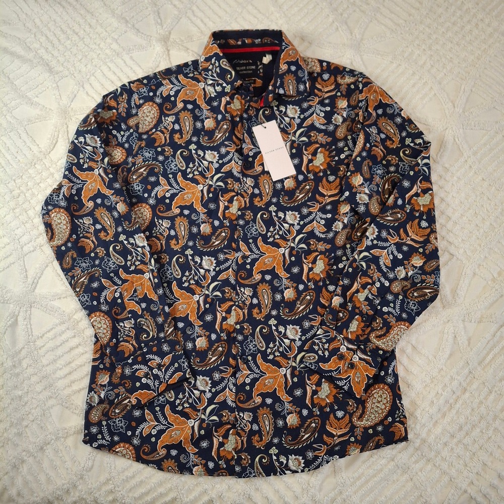Silver Stone Mens Medium Button Down Shirt Navy Orange Paisley Modern Fit NWT